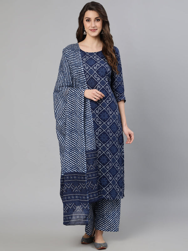 Women Navy Blue Bandhani Printed Straight Kurta With Dupatta And Palazzos | NOZ2TOZ - Made In INDIA.