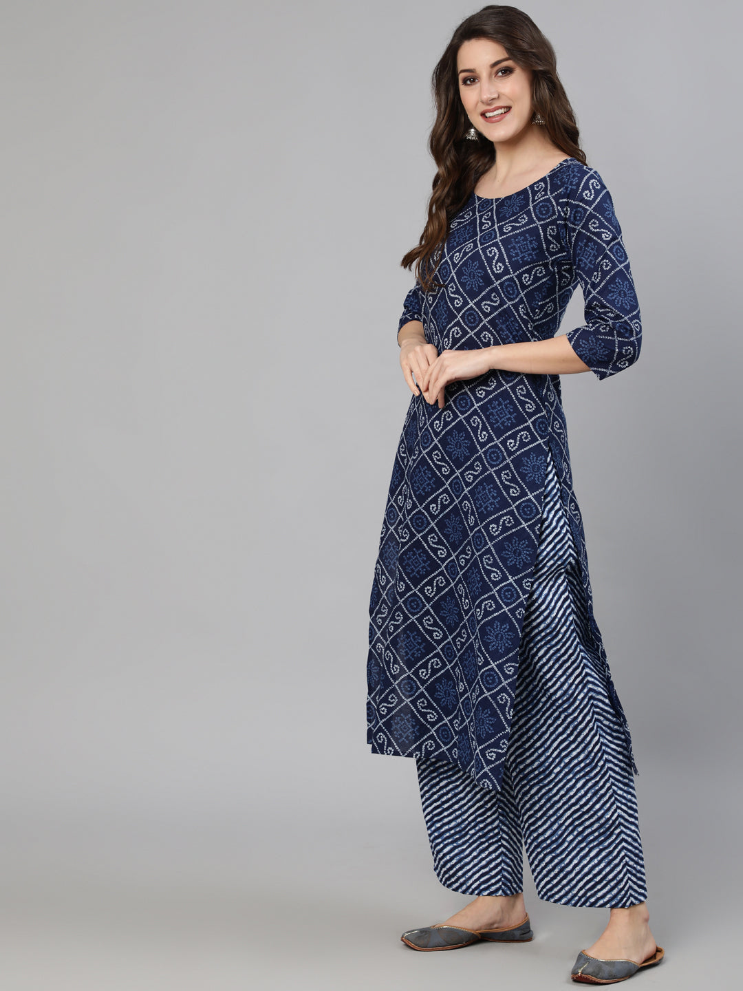 Women Navy Blue Bandhani Printed Straight Kurta With Dupatta And Palazzos | NOZ2TOZ - Made In INDIA.