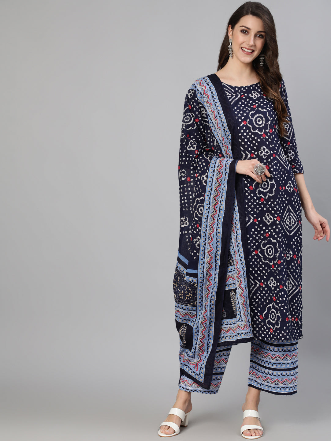 Women Blue Bandhani Printed Straight Kurta With Palazzo Dupatta | NOZ2TOZ - Made In INDIA.