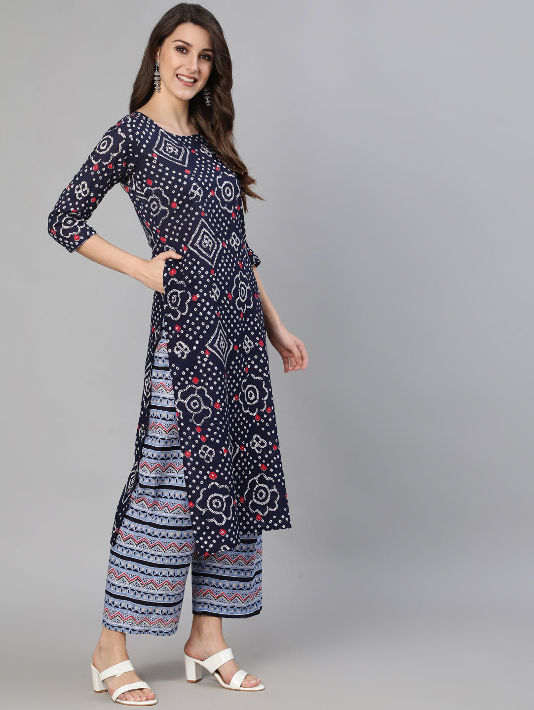 Women Blue Bandhani Printed Straight Kurta With Palazzo Dupatta | NOZ2TOZ - Made In INDIA.