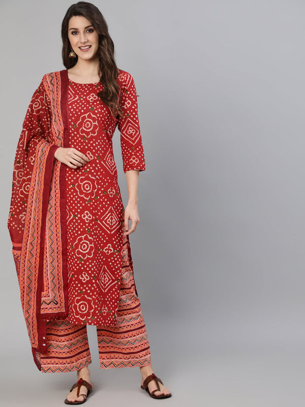 Women Red Bandhani Printed Straight Kurta With Palzzo And Dupatta | NOZ2TOZ - Made In INDIA.