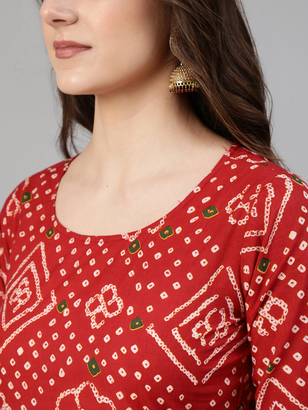 Women Red Bandhani Printed Straight Kurta With Palzzo And Dupatta | NOZ2TOZ - Made In INDIA.