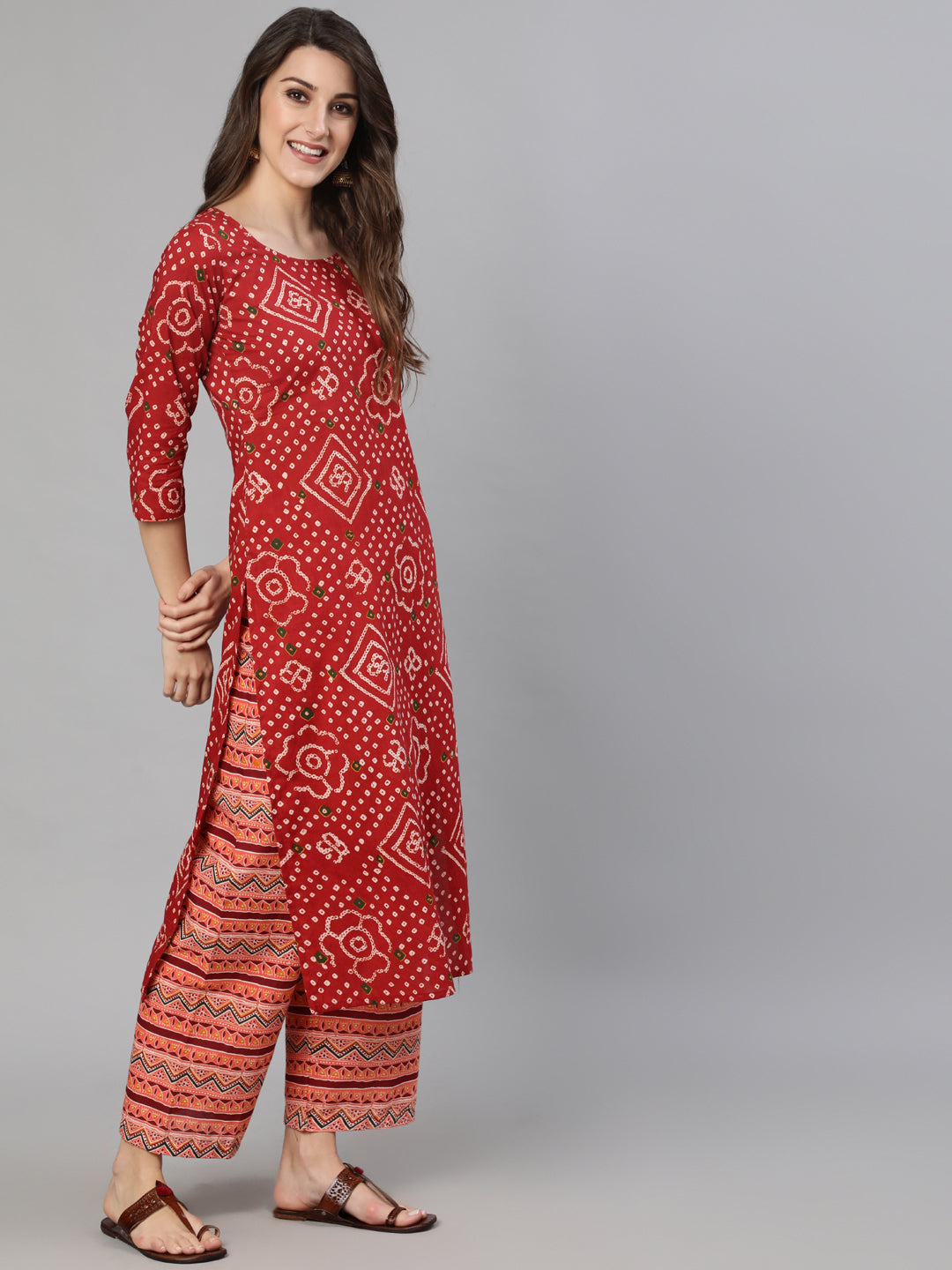 Women Red Bandhani Printed Straight Kurta With Palzzo And Dupatta | NOZ2TOZ - Made In INDIA.