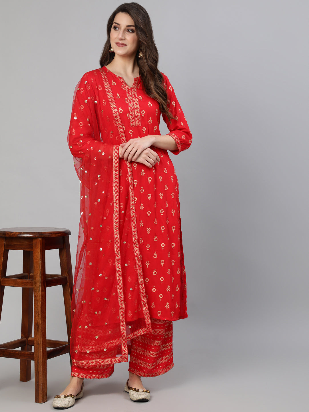 Women Red Gold Ethnic Printed Kurta With Palazzo And Sequence Dupatta | NOZ2TOZ - Made In INDIA.