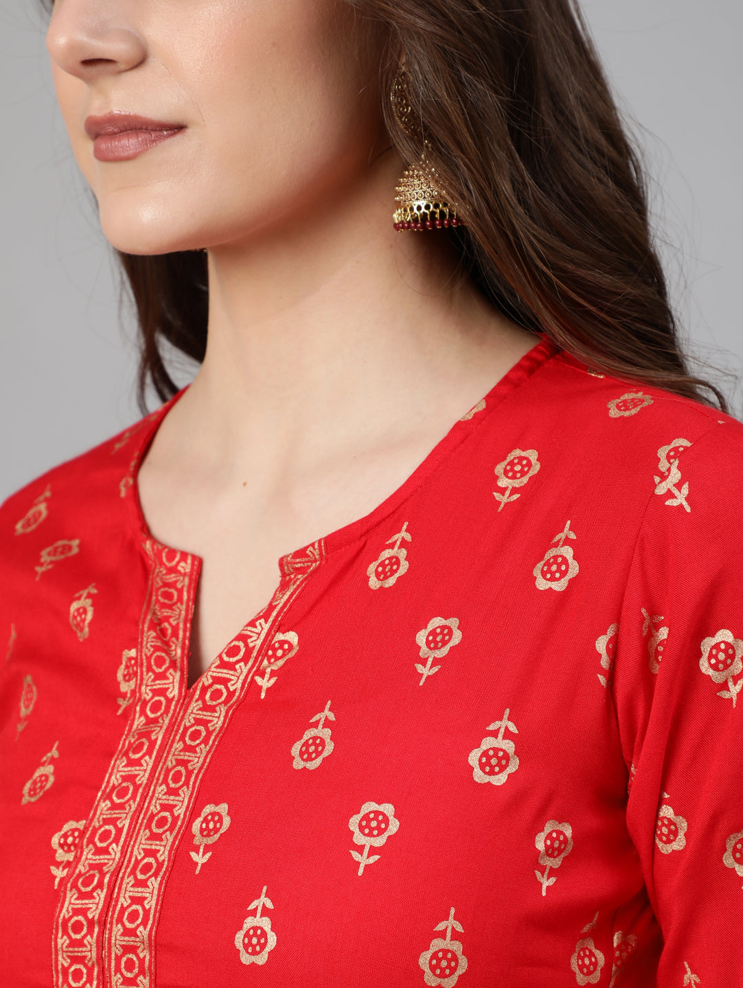 Women Red Gold Ethnic Printed Kurta With Palazzo And Sequence Dupatta | NOZ2TOZ - Made In INDIA.