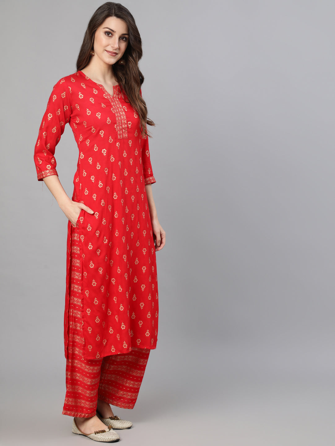 Women Red Gold Ethnic Printed Kurta With Palazzo And Sequence Dupatta | NOZ2TOZ - Made In INDIA.