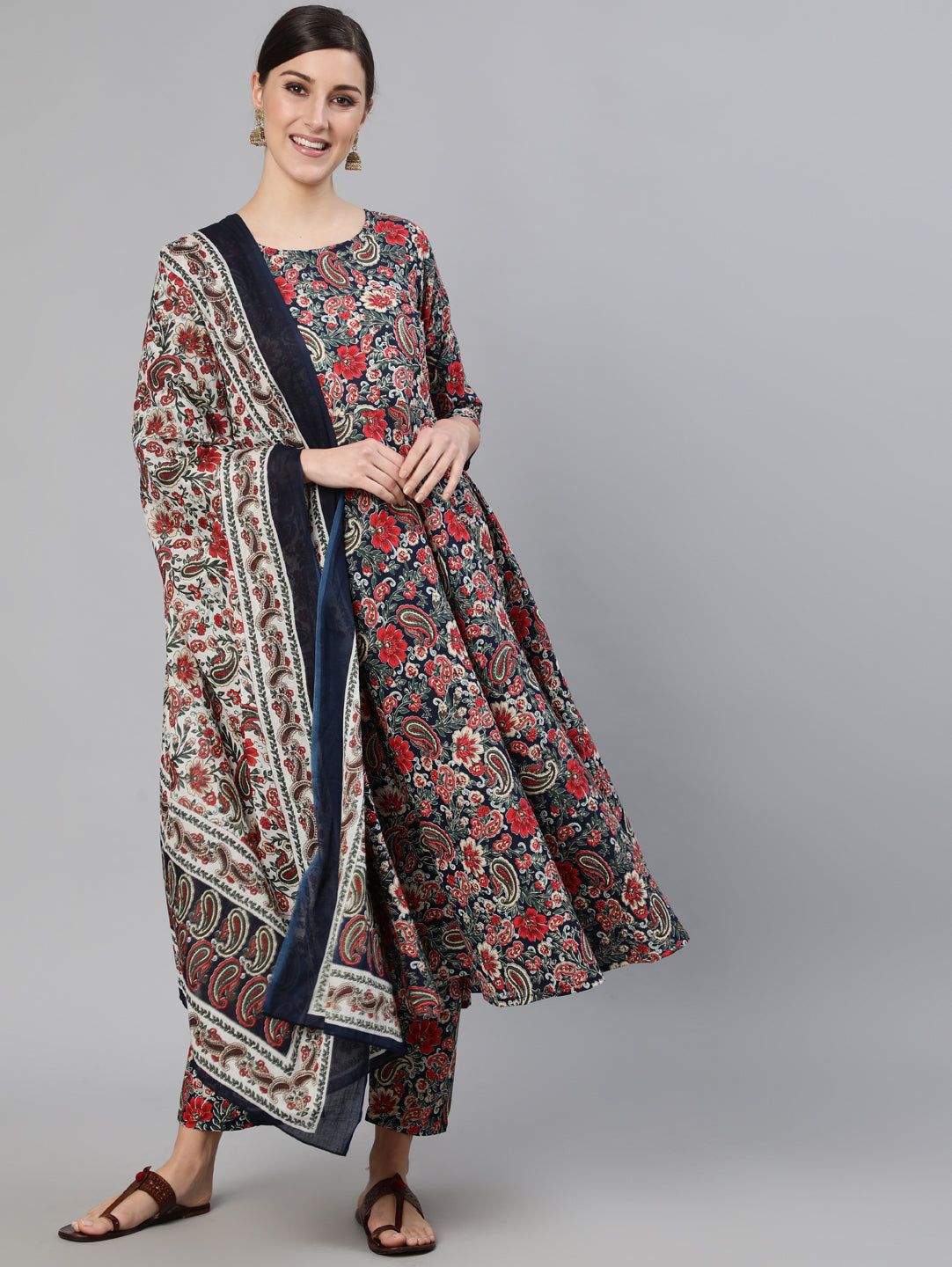 Women Multi Ethnic Printed Flared Kurta And Trouser With Dupatta | NOZ2TOZ - Made In INDIA.