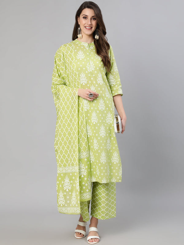 Women Green Ethnic Printed Straight Kurta With Palazzo And Dupatta | NOZ2TOZ - Made In INDIA.