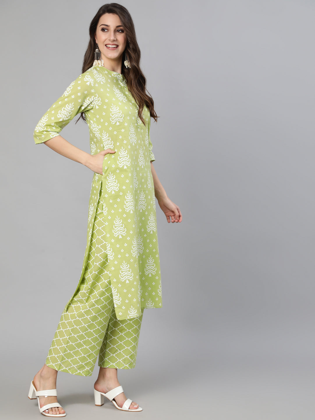 Women Green Ethnic Printed Straight Kurta With Palazzo And Dupatta | NOZ2TOZ - Made In INDIA.