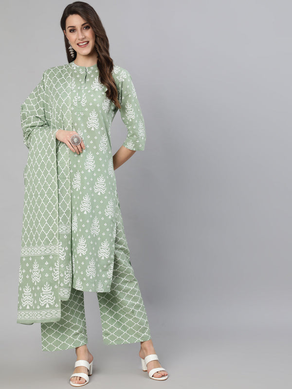 Women Olive Green Ethnic Printed Kurta And Palazzo With Dupatta | NOZ2TOZ - Made In INDIA.