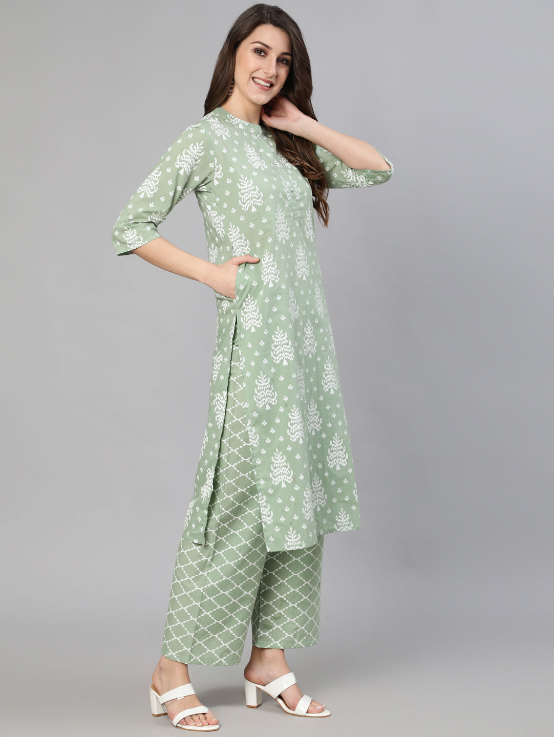 Women Olive Green Ethnic Printed Kurta And Palazzo With Dupatta | NOZ2TOZ - Made In INDIA.