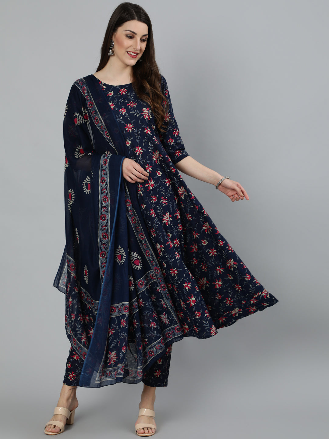 Women Navy Blue & Pink Floral Printed Flared kurta And Trouser With Dupatta | NOZ2TOZ - Made In INDIA.