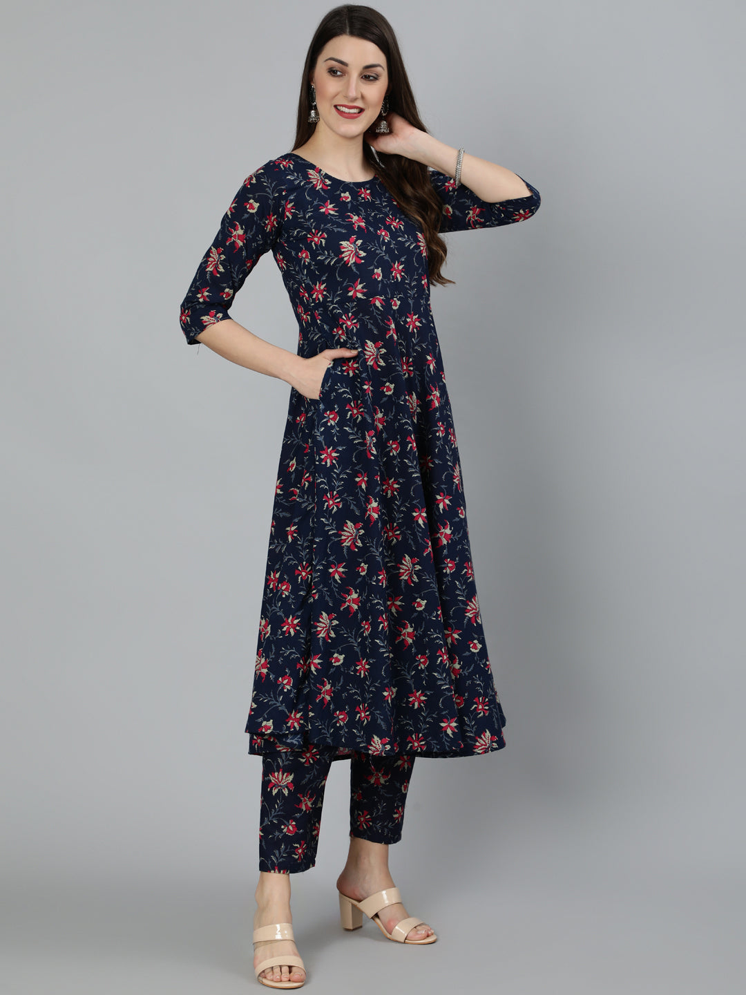 Women Navy Blue & Pink Floral Printed Flared kurta And Trouser With Dupatta | NOZ2TOZ - Made In INDIA.