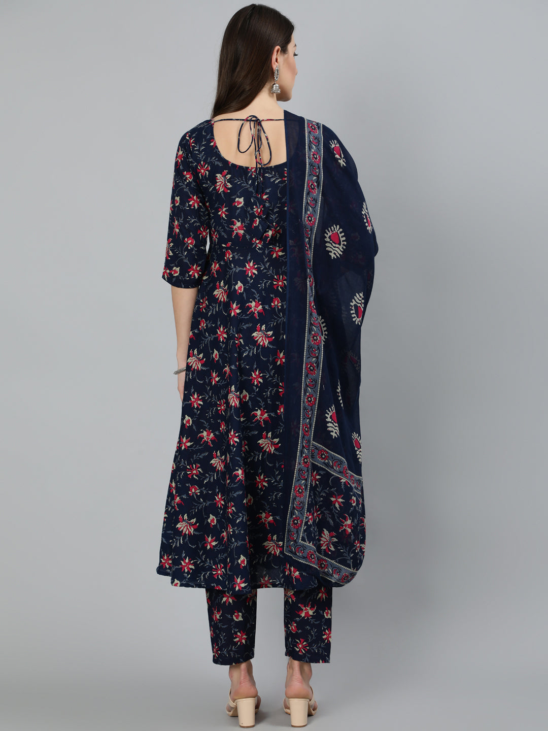 Women Navy Blue & Pink Floral Printed Flared kurta And Trouser With Dupatta | NOZ2TOZ - Made In INDIA.