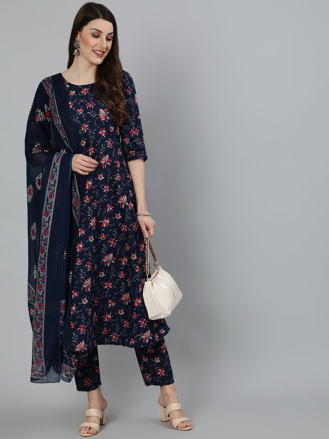 Women Navy Blue & Pink Floral Printed Flared kurta And Trouser With Dupatta | NOZ2TOZ - Made In INDIA.