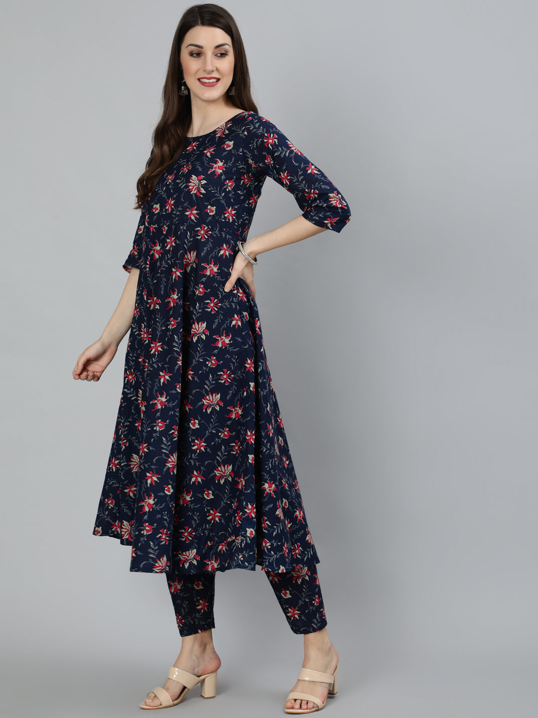 Women Navy Blue & Pink Floral Printed Flared kurta And Trouser With Dupatta | NOZ2TOZ - Made In INDIA.