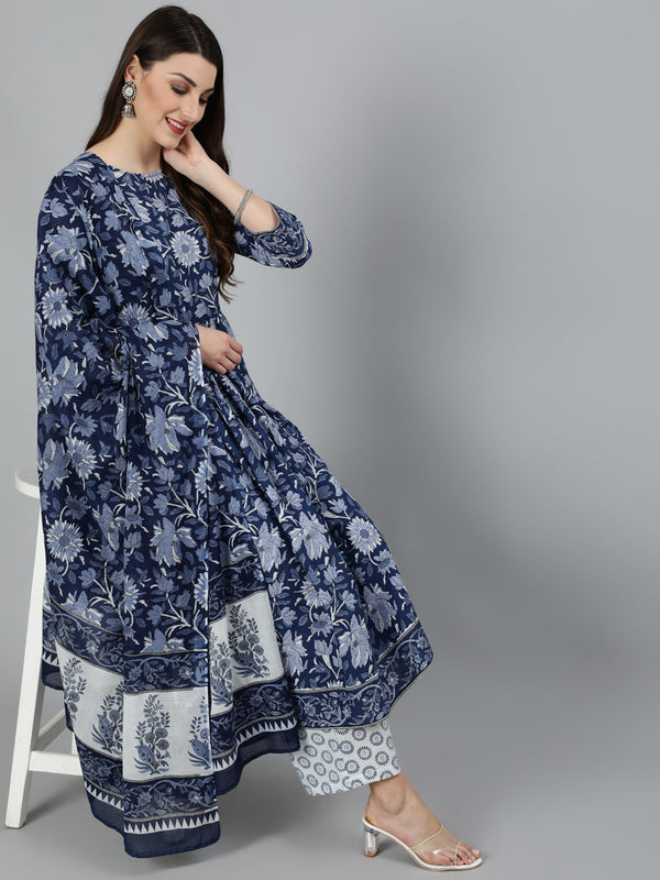 Women Blue Floral Printed Gathered Kurta With Palzzo And Dupatta | NOZ2TOZ - Made In INDIA.