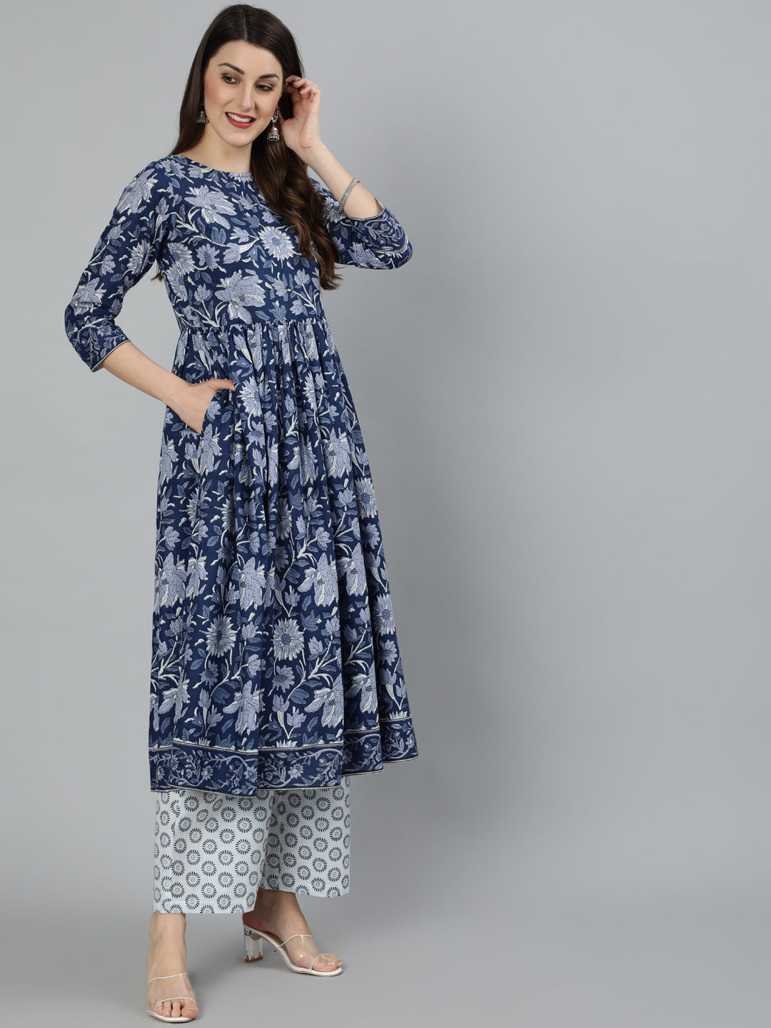 Women Blue Floral Printed Gathered Kurta With Palzzo And Dupatta | NOZ2TOZ - Made In INDIA.