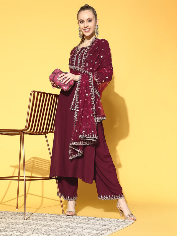 Women Burgundy Embroidered Straight Kurta With Plazo & Dupatta | NOZ2TOZ - Made In INDIA.