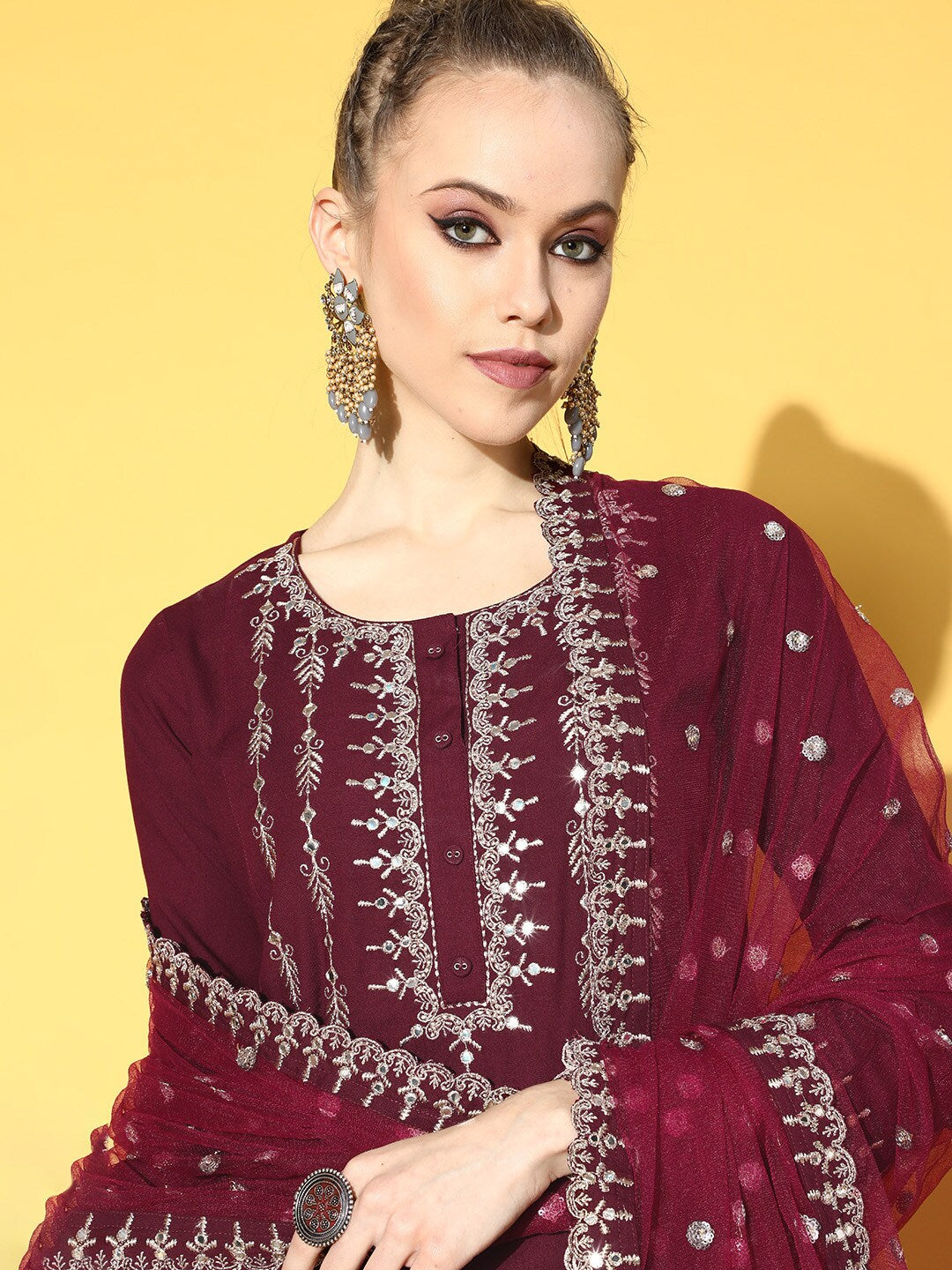 Women Burgundy Embroidered Straight Kurta With Plazo & Dupatta | NOZ2TOZ - Made In INDIA.