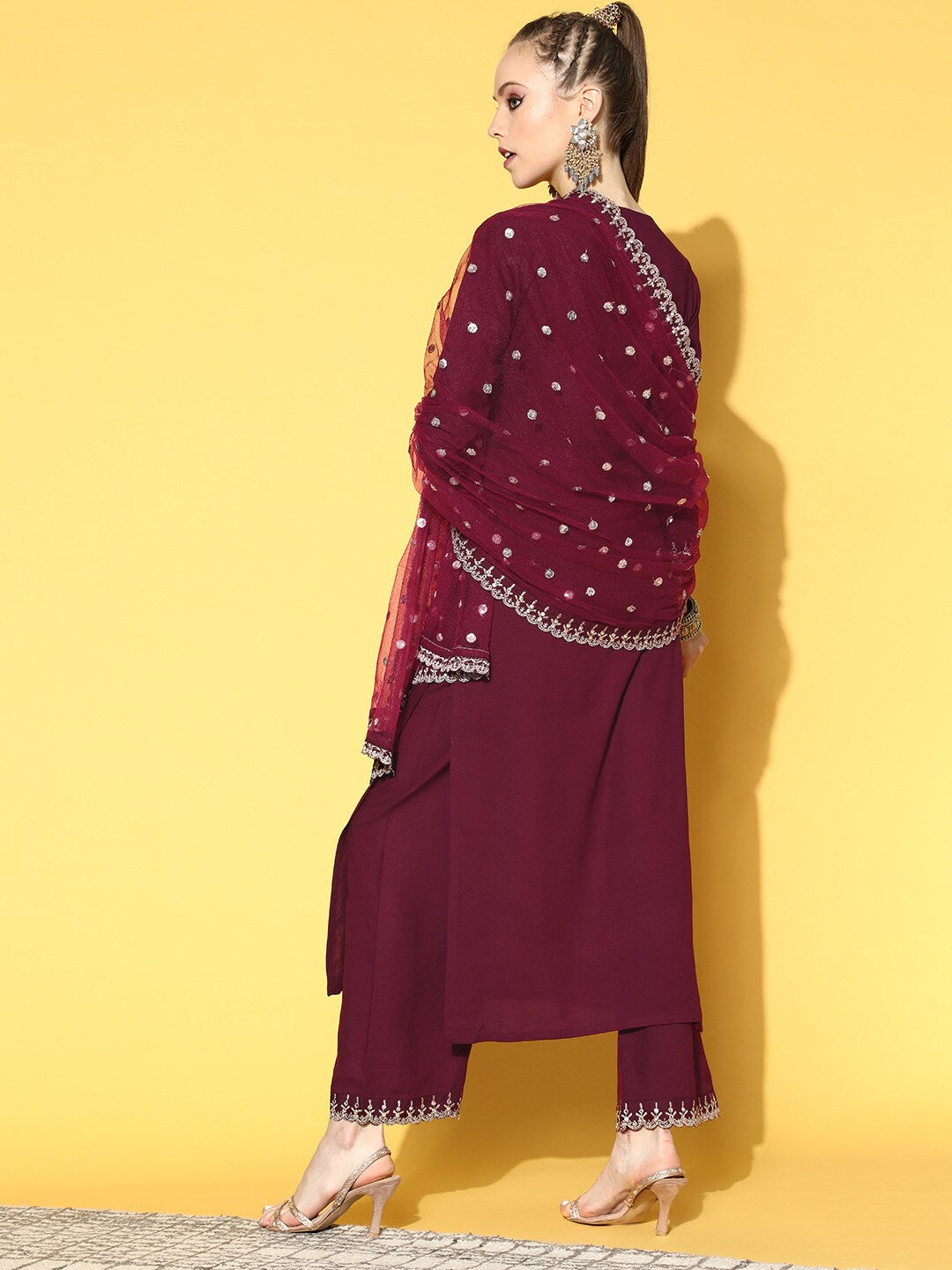 Women Burgundy Embroidered Straight Kurta With Plazo & Dupatta | NOZ2TOZ - Made In INDIA.