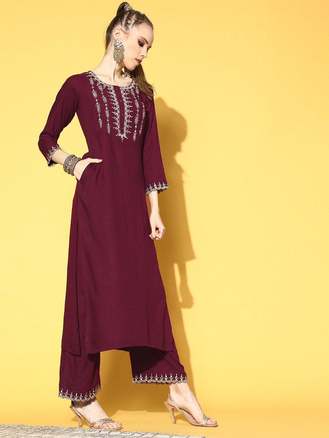 Women Burgundy Embroidered Straight Kurta With Plazo & Dupatta | NOZ2TOZ - Made In INDIA.