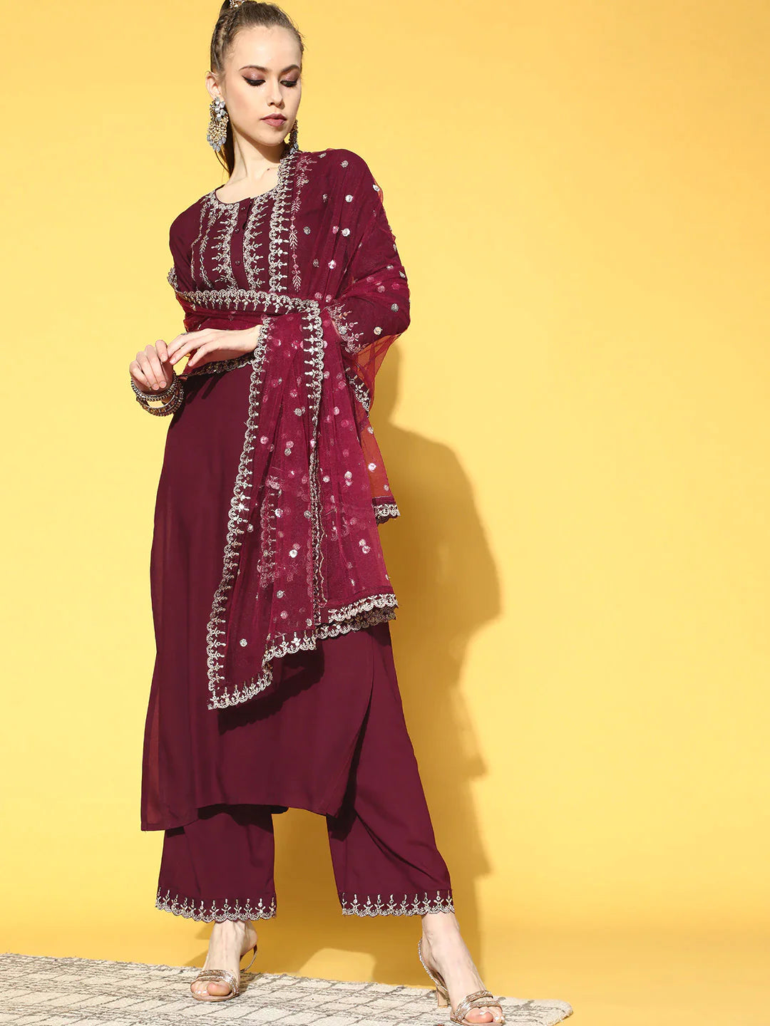 Women Burgundy Embroidered Straight Kurta With Plazo & Dupatta | NOZ2TOZ - Made In INDIA.