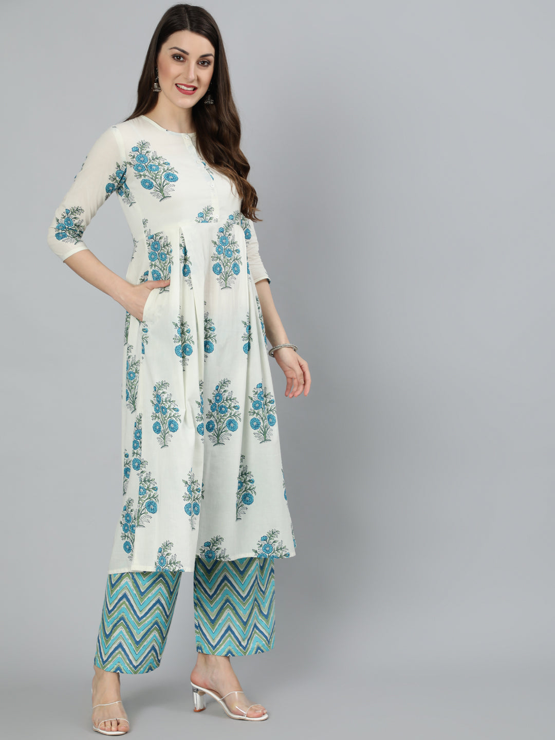 Women White Ethnic Floral printed Flared Kurta With Palazzo And Dupatta | NOZ2TOZ - Made In INDIA.