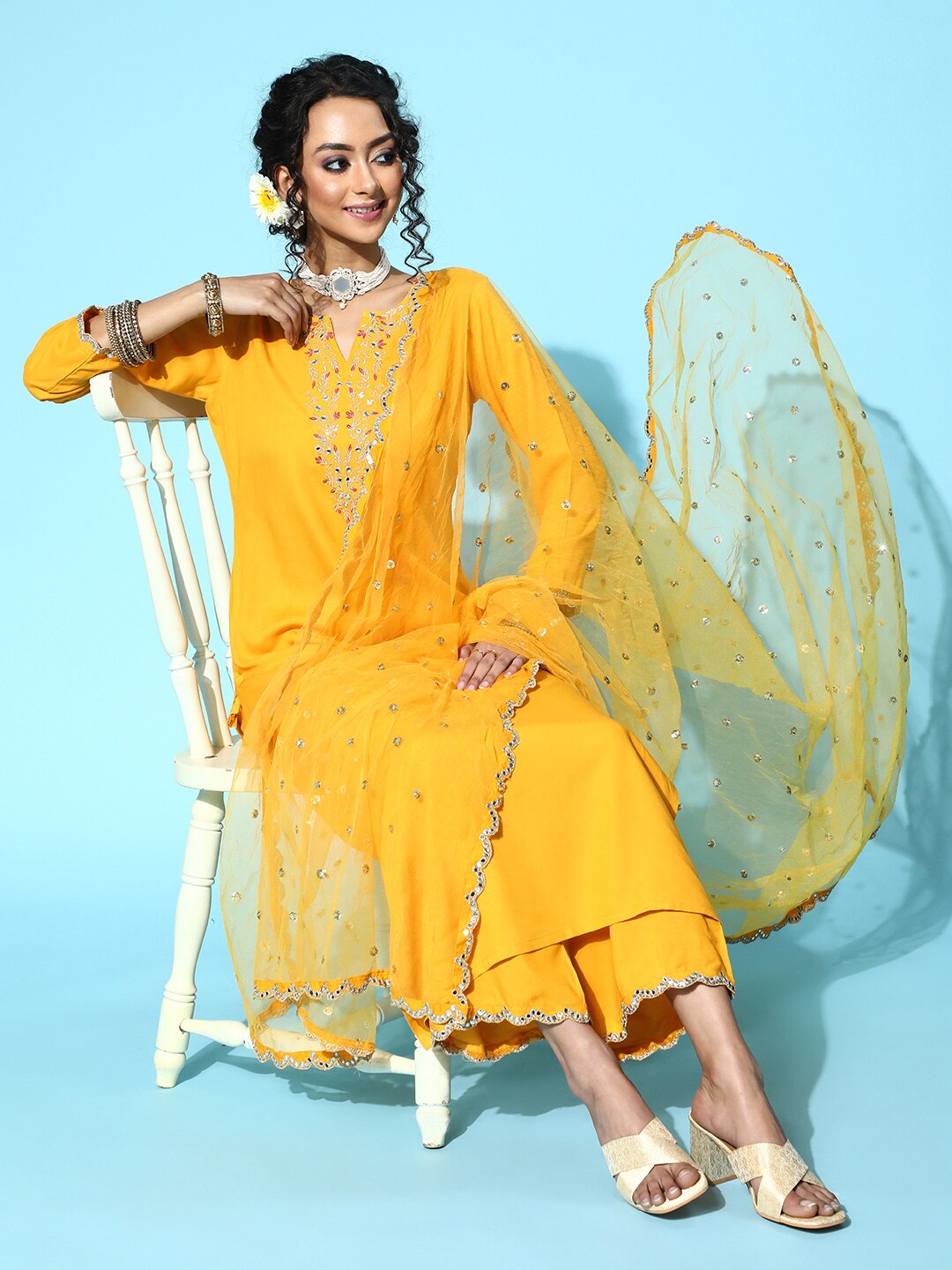 Women Yellow Embroidered Straight Kurta With Plazo & Dupatta | NOZ2TOZ - Made In INDIA.