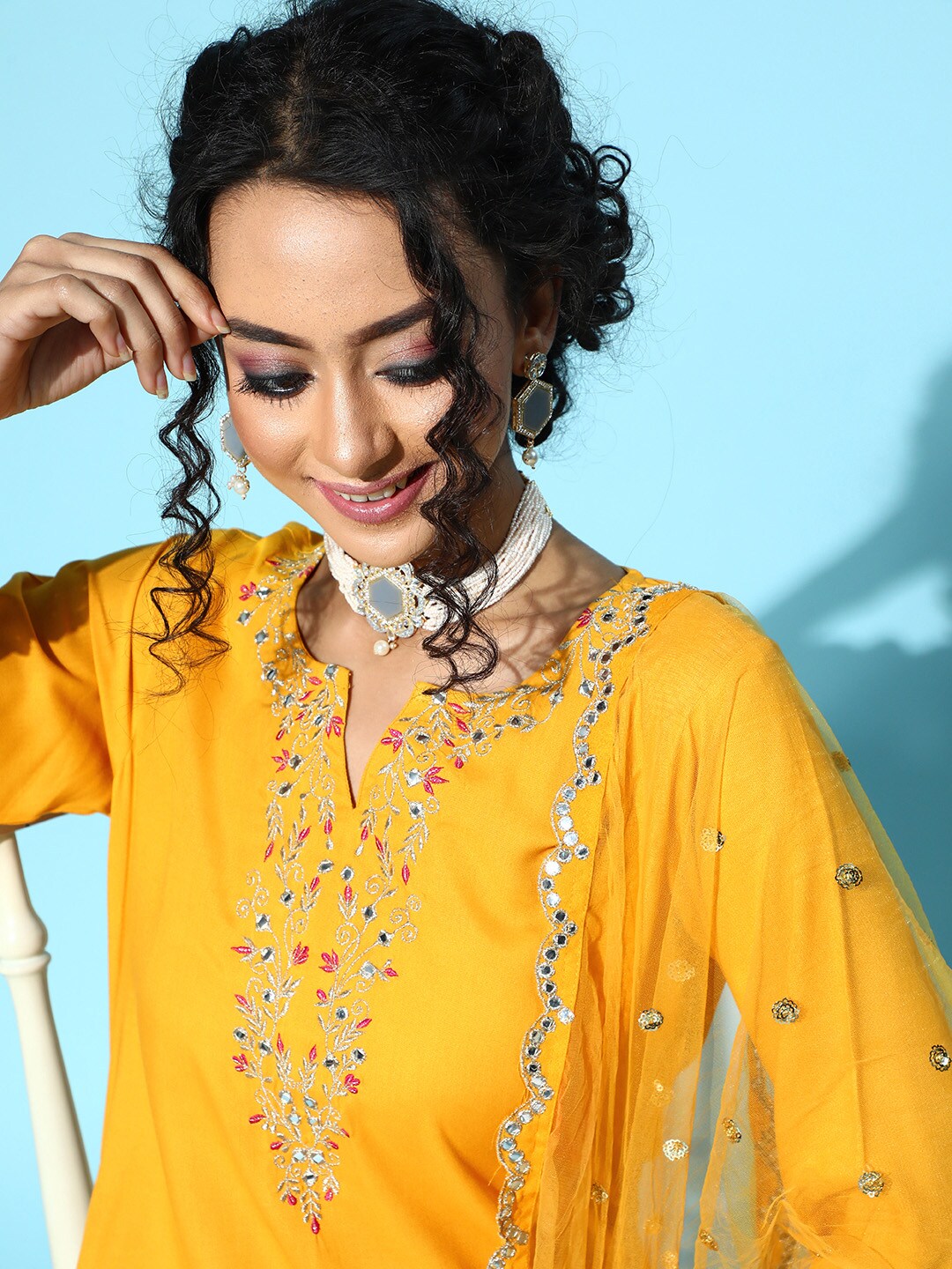 Women Yellow Embroidered Straight Kurta With Plazo & Dupatta | NOZ2TOZ - Made In INDIA.