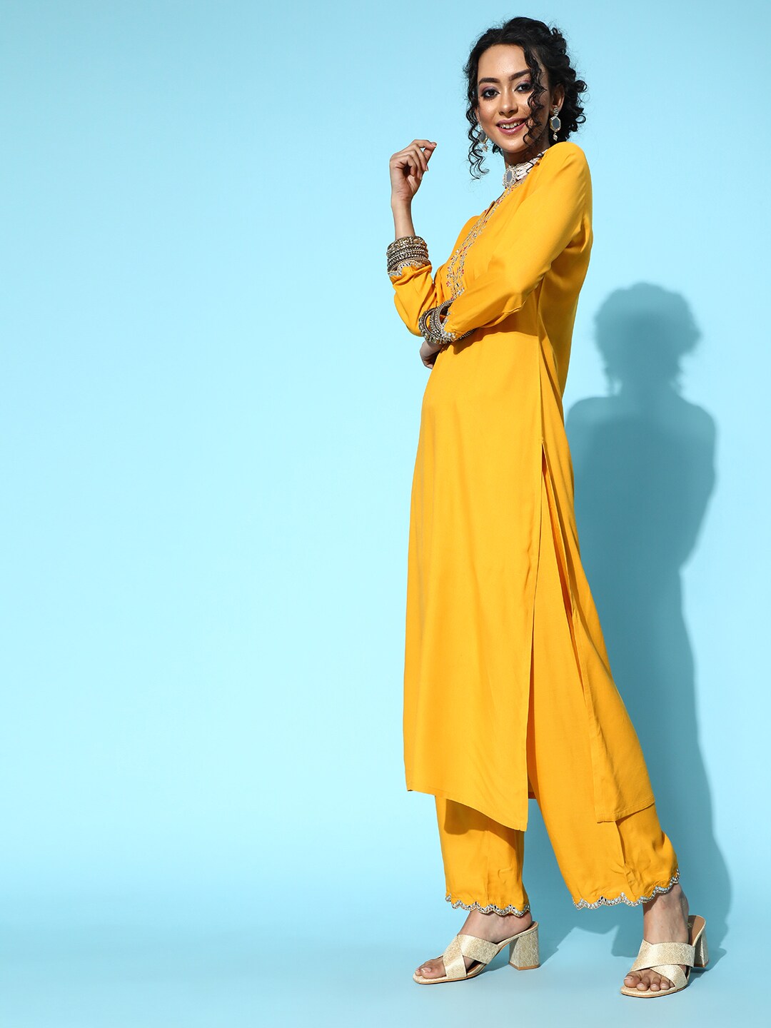 Women Yellow Embroidered Straight Kurta With Plazo & Dupatta | NOZ2TOZ - Made In INDIA.