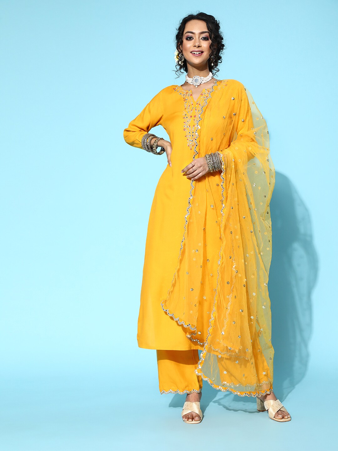 Women Yellow Embroidered Straight Kurta With Plazo & Dupatta | NOZ2TOZ - Made In INDIA.