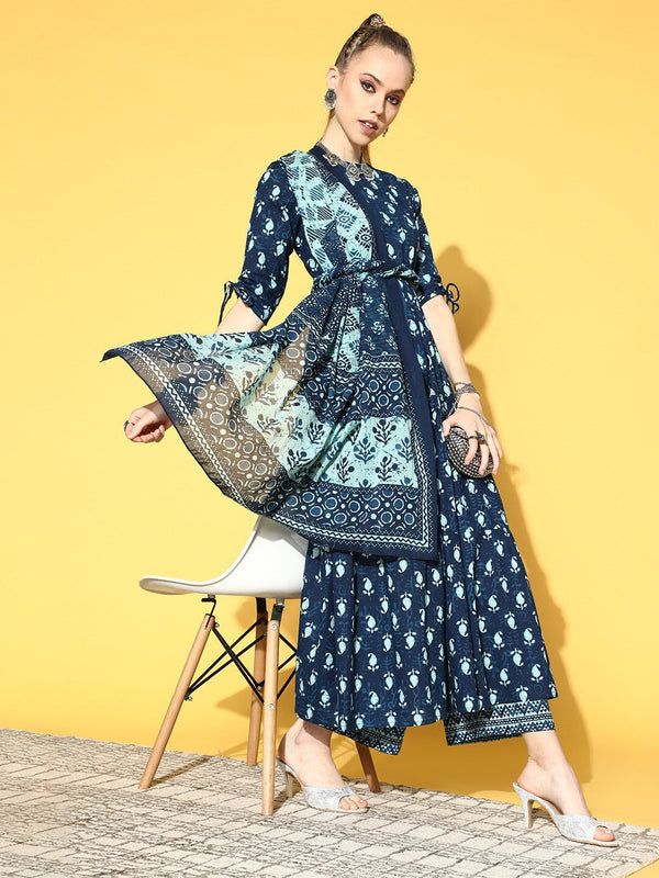 Women Blue Tiered Kurta With Plazo & Dupatta | NOZ2TOZ - Made In INDIA.