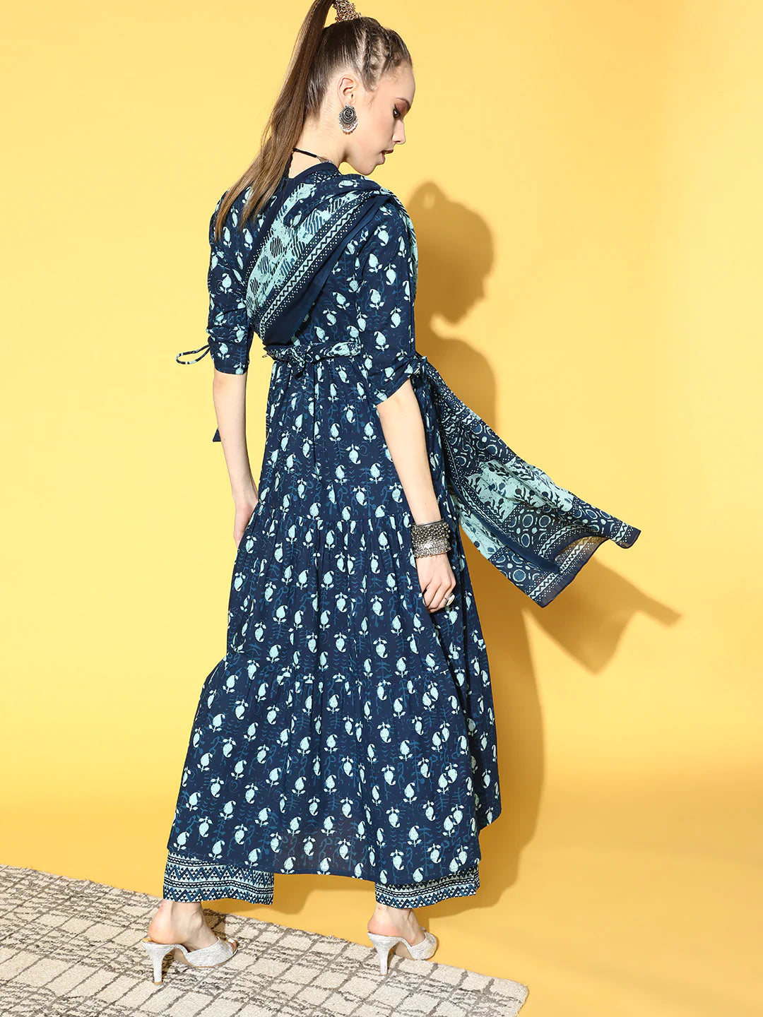 Women Blue Tiered Kurta With Plazo & Dupatta | NOZ2TOZ - Made In INDIA.