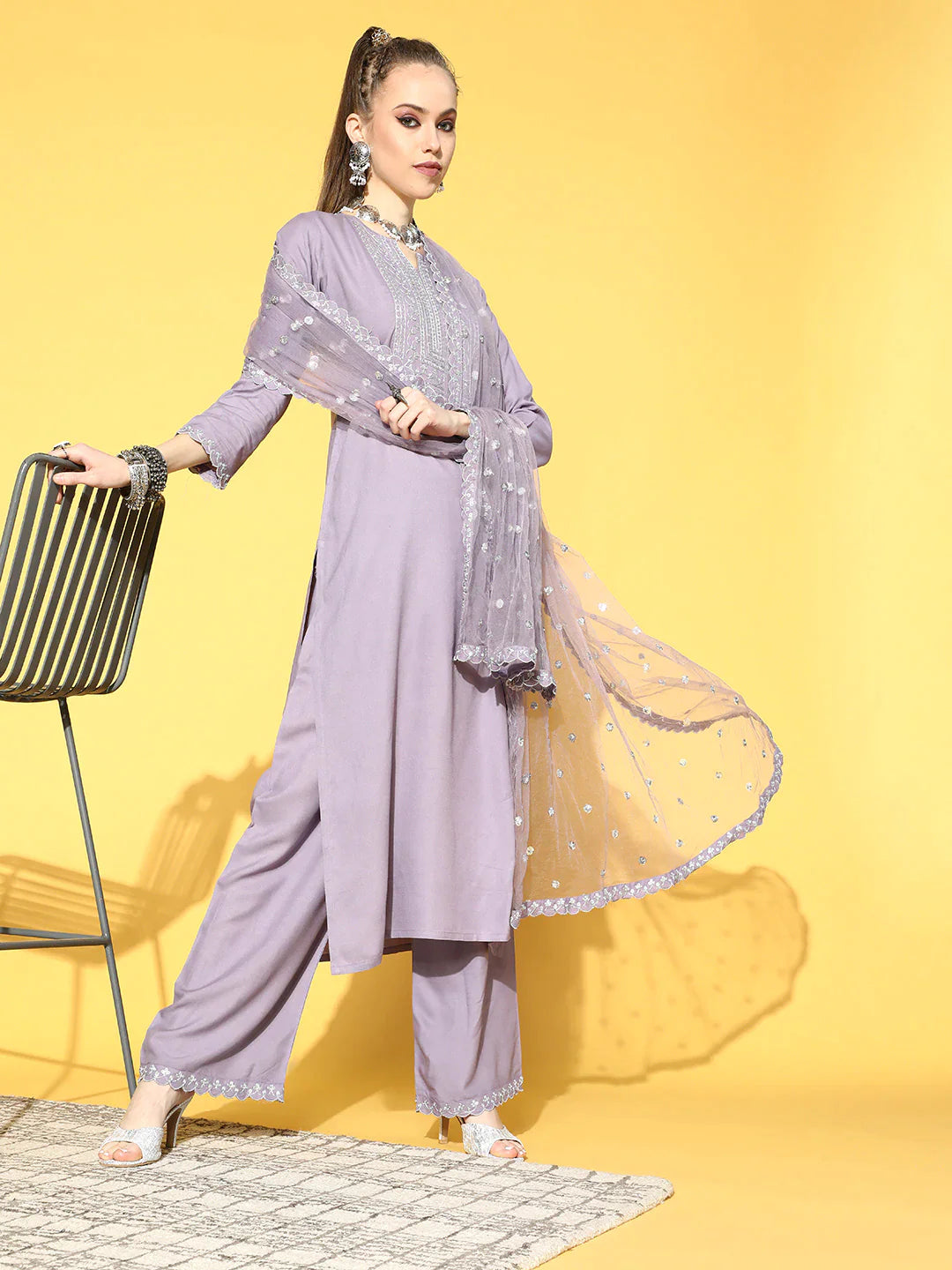 Women Lavender Embroidered Straight Kurta With Plazo & Dupatta | NOZ2TOZ - Made In INDIA.