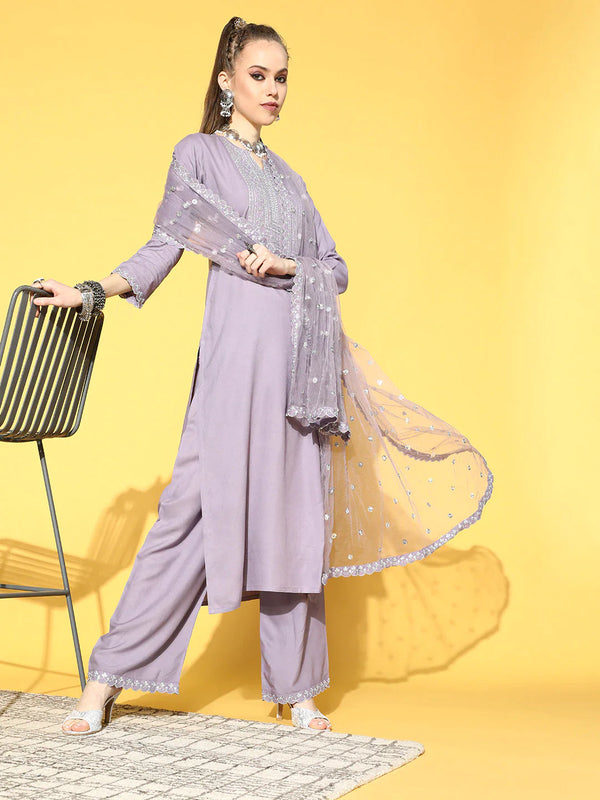 Women Lavender Embroidered Straight Kurta With Plazo & Dupatta | NOZ2TOZ - Made In INDIA.