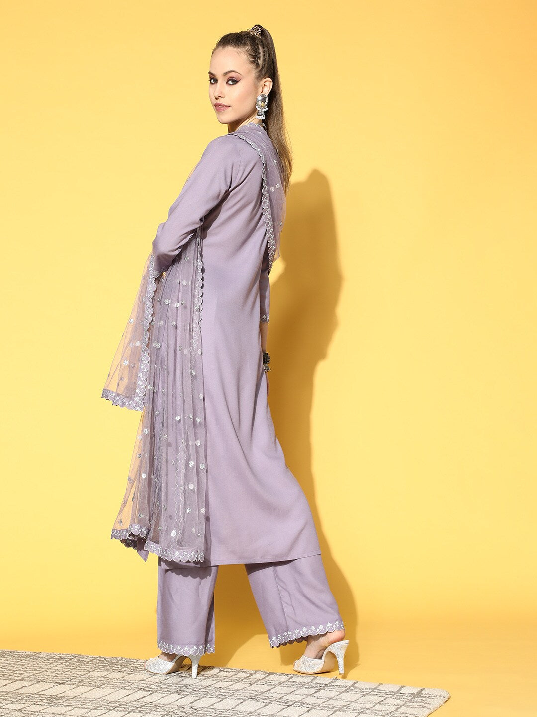 Women Lavender Embroidered Straight Kurta With Plazo & Dupatta | NOZ2TOZ - Made In INDIA.