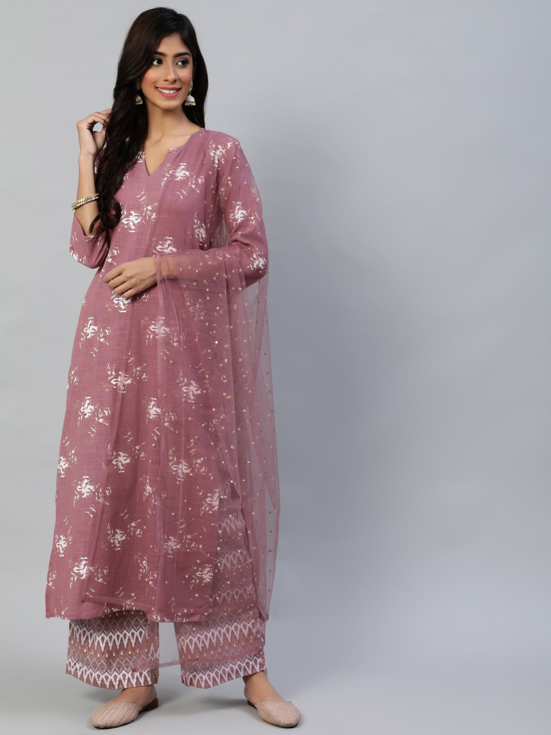 Women Pink Straight Kurta With Plazo & Sequened Dupatta | NOZ2TOZ - Made In INDIA.