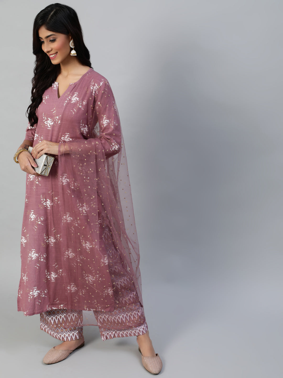 Women Pink Straight Kurta With Plazo & Sequened Dupatta | NOZ2TOZ - Made In INDIA.