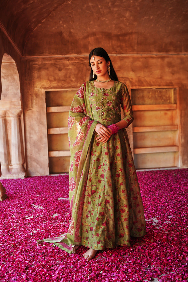 GUL MEHENDI GREEN ANARKALI CHANDERI DRESS