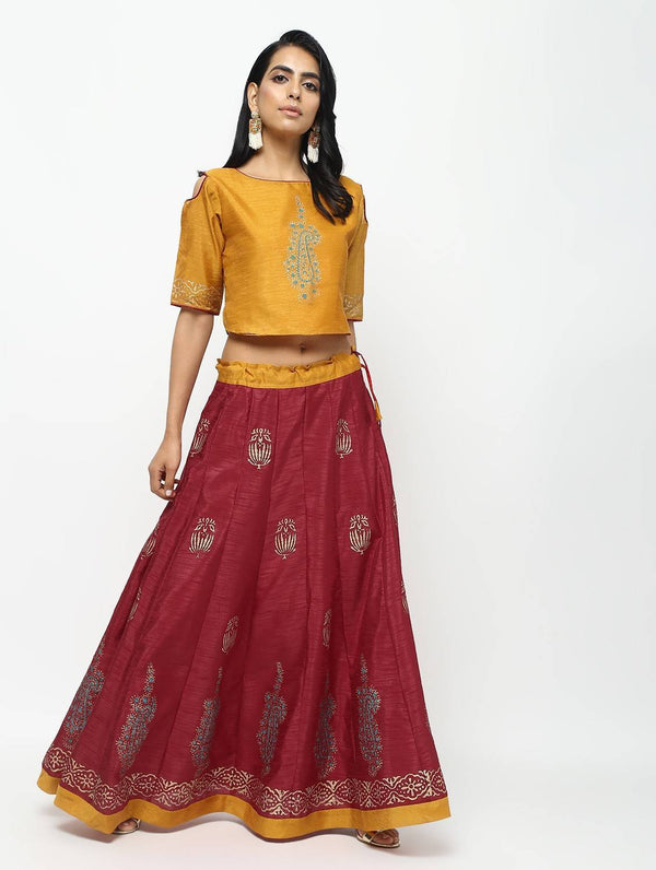 Women's  Lehenga Skirt With Beautiful Block Print And Contrast Top  - Cheera