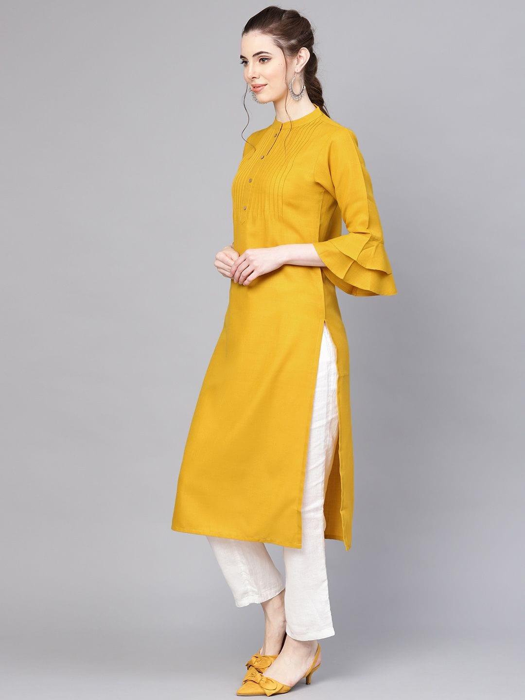 Women Mustard Yellow Solid Straight Kurta - Indiakreations