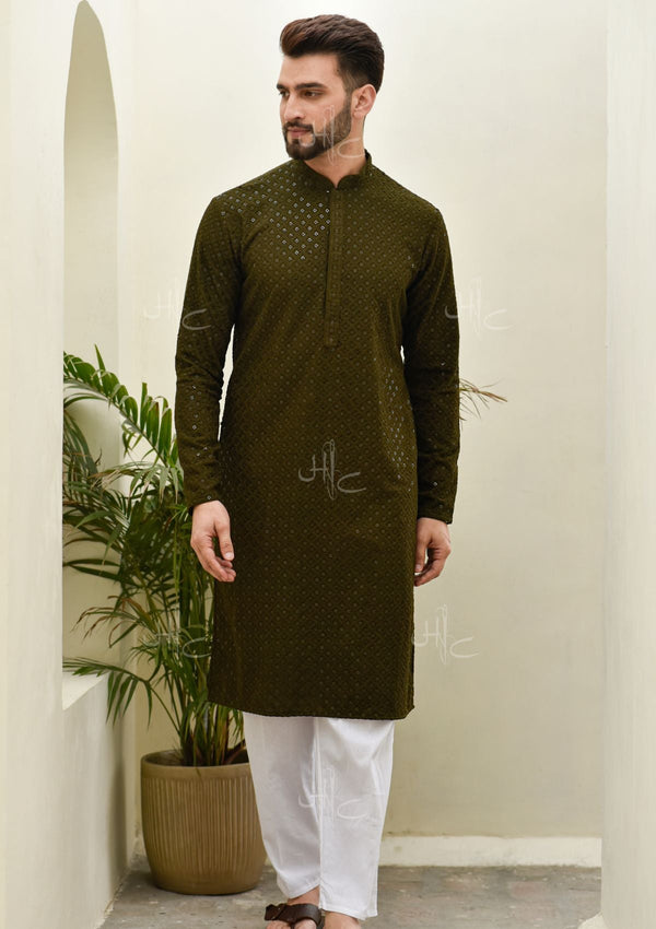 Yakub rayon straight mens kurta with machine chikankari embroidery and sequin in green color.