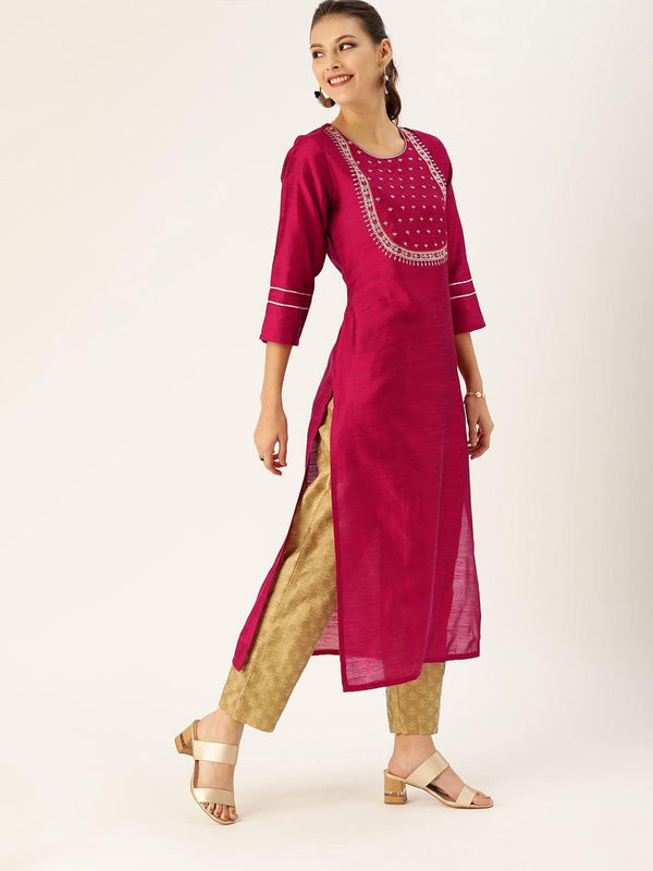 Women Magenta & White Embellished Straight Kurta - Indiakreations