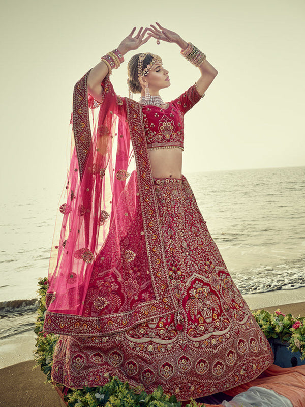 Aesthetic Pink Unstitched Lehenga With Opulent Indian Design & Net Duppatta