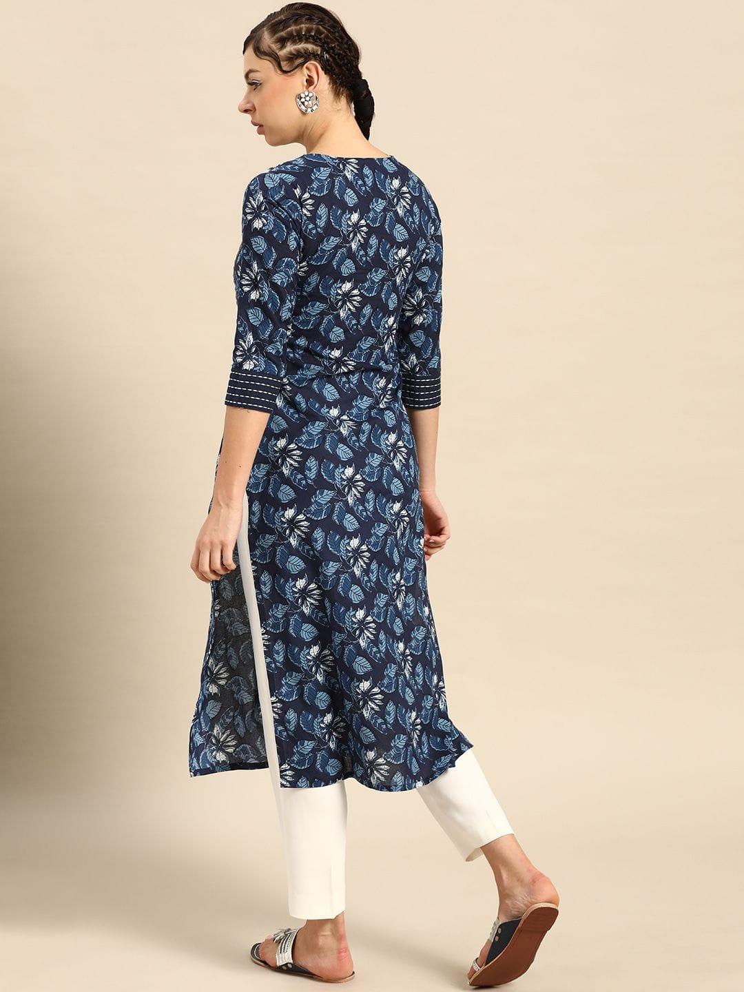 Blue & White Floral Printed Thread Work Pure Cotton Indigo Kurta - Indiakreations