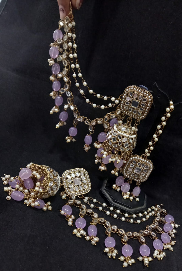 Women's Mirror Style Purple Pearl Huge Jhumka Earrings with Kaan Chain and Tikka Set - EVY