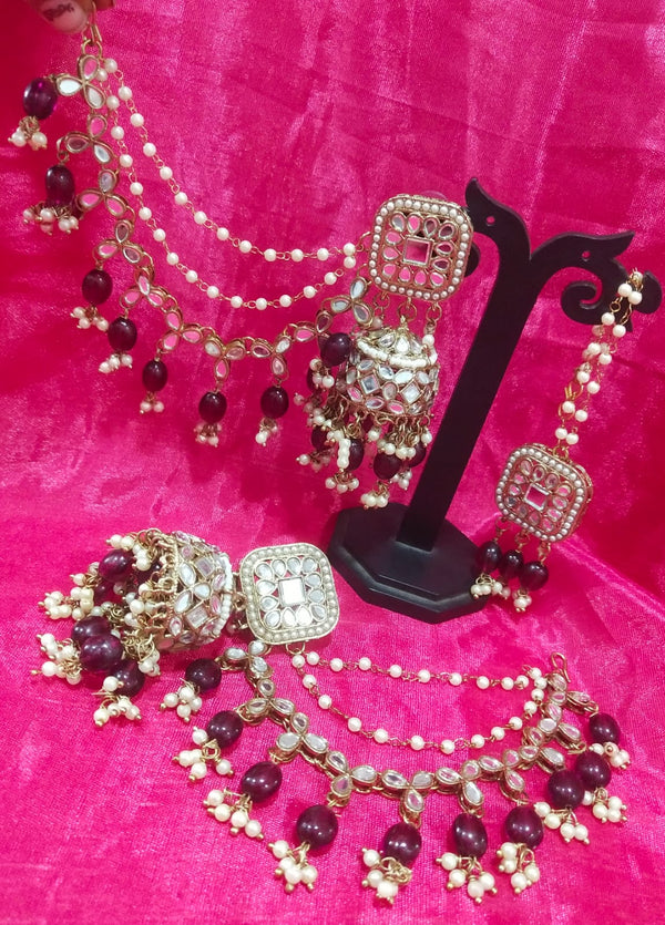 Women's Mirror Style Huge Jhumka Wine Pearl Earrings with Kaan Chain and Tikka Set - EVY