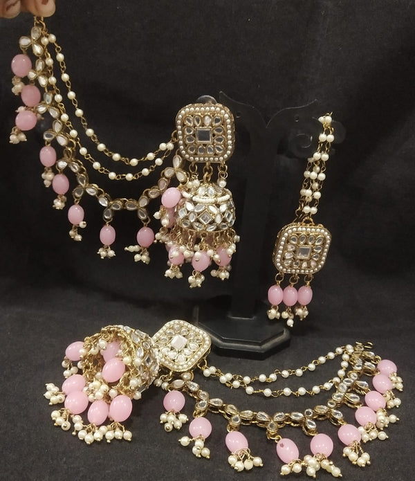 Women's Mirror Style Huge Jhumka Pink Pearl Earrings with Kaan Chain and Tikka Set - EVY