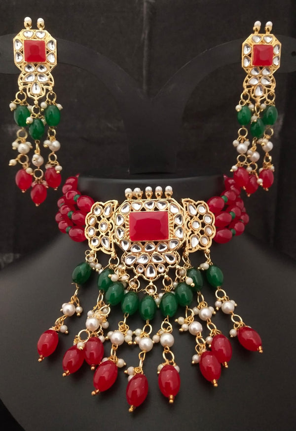 Women's Premium Quality CZ Monalisa Glass Red Green Pearls Pachi kundan Choker Jewellery Set - EVY